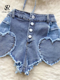 Gwmlk American Hotsweet Sets Halter Sleeveless Backless Love Tops+High Waist Button Basics Shorts Fashion Sexy Denim Suits