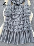 Gwmlk Autumn Sweet Cake Dress Transparent Belt 2024 O Neck French Bow Design Diamonds Mesh Gentle Temperament Long Dress