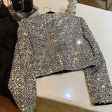 Gwmlk Heavy Sequins Starlight Silver Jackets Spring Long Sleeve Coat Women Y2k Grunge O-neck Single Breasted Tops Mujer