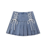 Gwmlk Chic Blue Denim Skirt for Women 2024 Summer New High Waist A-line Skirts Y2k E-Girl Drawstring Bow Faldas Mujer