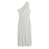 Gwmlk Elegant Women White Draped Asymmetric Midi Dress Party Vestidos