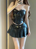 Gwmlk Black Sexy Slim Fit Strapless Tops Women+ Y2k E-Girl High Waist Ruched A-line Skirts 2024 Autumn Leather Two Piece Sets