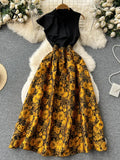 Gwmlk Ruffled Sleeveless Print Party Dress Summer Design Skinny A Line Temperament Women Retro 2024 Floral Evening Dress