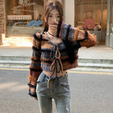 Gwmlk Knitted Two Piece Sets Sweet Bow Lace Up Long Sleeve Cardigan Coat+ Autumn Winter New Slim Fit Bodycon Strap Dresses