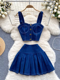 Gwmlk Female Chic Retro Suits Strap Button Elasticity Short Tank+Pleated Mini Skirt Fashion Hotsweet Denim Two Pieces Set