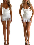 Gwmlk Spliced Lace Ruffled Tiered Mini Dress White Spaghetti Strap Low Cut Backless Bodycon Dresses Evening Party Clubwear
