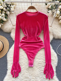 Gwmlk 2024 Autumn Long Sleeves Bodysuits 2024 Women O Neck Open Crotch Velvet Slim Playsuits+Plush Sexy Mini Skirt Suits