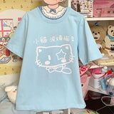 Gwmlk Kawaii Cat Print O-neck BaBy Blue T-shirts Summer Loose Oversize Cotton Tops Women Y2k Grunge Shoirt Sleeve Tee Shirt