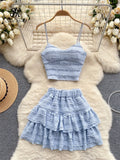 Gwmlk Sweet Ruched Two Pieces Sets V Neck Strap Crop Tops+Short Pleated Skirt Women Korean Style Chic Summer Beachwear Suits