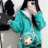 Gwmlk Anime Rabbit Ear Detachable Hoodie Jackets Y2k Long Sleeve Zipper Coat Women Spring New Mid-length Loose Tops Mujer