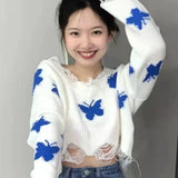 Gwmlk Women Korean Fashion Graphic Butterfly Knitted Sweater Woman Sweet Oversized Cropped Tops Off Shoulder Casual Loose Jumper