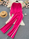 Gwmlk Fashion Knitted Women Suits Single Breasted V Neck Cardigan+Wide Legs Long Pants Autumn High Street Loose Sweater Sets