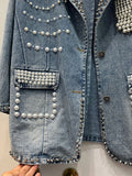 Gwmlk Women Denim Blazers Patchwork Notched Collar Pearls Diamond Embroidered Flares Suit Jackets 2024 Summer New Fashion 29L6434