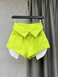 Gwmlk Women's Denim Shorts High Waist Fluorescent Green Cuffs Design Belt Wide Leg Short Pants 2024 Summer New Fashion 29L1819