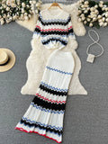 Gwmlk New Summer Beach Knitted Two Pieces Suits Loose T Shirt+Long Skirt Sets High Street Elastic Waist Striped Casual Sets