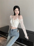 Gwmlk Fairycore Lace Hollow Out Mesh Long Sleeve Cardigan Coat+ Fashion Sexy Slim Fit Vest 2024 Summer New Two Piece Sets