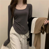 Gwmlk Neck Long Sleeve T-Shirt Women Spring Autumn New Irregular Hem Slim Casual Top Winter Solid Bottom Shirts New Korean