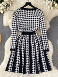 Gwmlk Houndstooth Knitted A Line Dress O Neck Full Sleeve Buttons Women Korean Style Streetwear Fashion Winter Sweater Dress