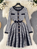 Gwmlk Houndstooth Knitted A Line Dress O Neck Full Sleeve Buttons Women Korean Style Streetwear Fashion Winter Sweater Dress