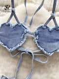 Gwmlk American Hotsweet Sets Halter Sleeveless Backless Love Tops+High Waist Button Basics Shorts Fashion Sexy Denim Suits