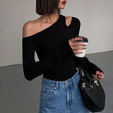 Gwmlk Skew Collar Off-shoulder Long-sleeved T-shirts Women Spring 2024 New Solid Slim Fit Crop Top Sexy Hollow Out Tees Shirts