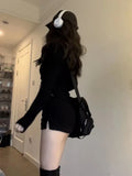 Gwmlk Simple V-neck Long Sleeve Slim Fit Black Tops Women+ Y2k Grunge High Waist Split Shorts 2024 Summer New Two Piece Sets