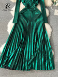 Gwmlk High Quality Spring Party Long Dress V Neck Long Sleeves Zipper Design A Line Pleated Chic Shiny Backless Dress