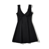 Gwmlk 2024 Women Black Lace Trim Party Mini Dress Sexy V Neck Sleeveless Female A-line Slim Summer Dresses