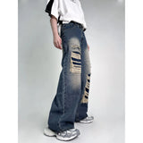 Gwmlk women star stitching tassel pants American retro high street jeans loose wide leg pants trendy punk y2k pants