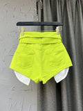 Gwmlk Women's Denim Shorts High Waist Fluorescent Green Cuffs Design Belt Wide Leg Short Pants 2024 Summer New Fashion 29L1819