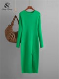 Gwmlk Autumn Skinny Knitted Dress Female O Neck Split Outerwear Fashion Korean Style Office Lady Solid Slim Sweater Dress