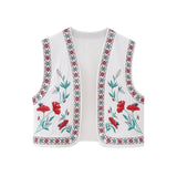 Gwmlk Autumn New Women's Garden Flower Totem Embroidered Vest Boho Holiday Wind Thin Cotton Linen Waistcoat Crop Top