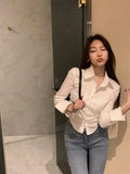 Gwmlk Women Folds Slim Fit Crop Tops Daily Design White Pure Korean Style Fashion Casual Office Lady All-match Tender Spring