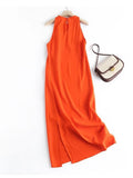 Gwmlk New Fashion Women Sleeveless O Neck Linen Long Dress Sexy Side Slits Ladies Casual Summer Dresses