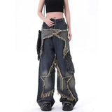 Gwmlk retro women tassel ripped jeans high waist star patch trendy brand fashion loose wide leg floor mopping pants