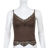 Gwmlk Aesthetic Lace Patchwork Tank Tops For Women Sexy V-Neck Brown Retro Crop Tops Summer Fashion Casual Camisole