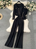 Gwmlk Senior Knitted Suits Fashion Metal Button Vest+V Neck Long Sleeves Cardigans+Wide Legs Pants Stripe Three Pieces Sets