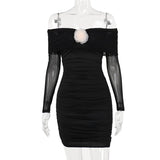 Gwmlk Shoulder Black Mini Dress Mesh Long Sleeve Ruched Bodycon Dress Flower Applique Short Party Night Club Dresses For Women