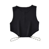 Gwmlk 2024 Women Black Sexy Cut Out Knit Top O Neck Sleeveless Female Summer Crop Tank Tops