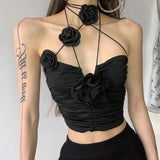 Gwmlk Vintage Sexy Black Rose Halter Camisole Tops All-match Hollow Out Tank Top 2024 Summer New Slim Fit Vest for Women