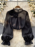 Gwmlk Ruffles Sweet Sheer Blouse O Neck Long Sleeves 3D Floral Loose Top Korean Style Streetwear Vintage OL Casual Shirt