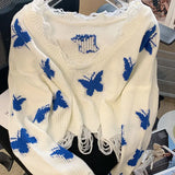 Gwmlk Korean Fashion Graphic Butterfly Knitted Sweater Woman Sweet sized Cropped Tops Off Shoulder Y2K Casual Sweater