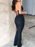 Gwmlk Sexy Mesh Deep V Bodycon Lace Jumpsuit Rompers Women Summer Party Club Outfits Cross Backless 1Piece Overalls Flare Pant