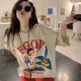 Gwmlk Cartoon Printed T-shirt Women 2024 Spring Summer Mid-length Tee Shirt Y2k Harajuku Half Sleeve Loose Female Tops