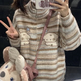 Gwmlk Kawaii Striped Sweaters Mujer Spring Stand Collar Dog Print Cardigans Y2k Grunge Long Sleeve Zipper Knitted Tops