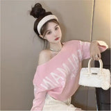 Gwmlk Lazy Letter Print Sweaters Mujer Autumn Slash Neck Knitted Tops Women Y2k E-Girl Long Sleeve Bottoming Pullovers