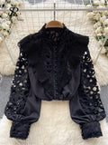 Gwmlk French Style Casual Embroidery Blouse Women Long Sleeves Pearl Shirt Fashion Ruffles Cotton Hollow Out Loose Top