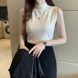 Gwmlk New Korean Fashion Half Turtleneck Ladies Tops Women Tops Casual Clothes Sleeveless Solid Women Blouse Knit Elastic