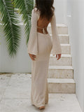Gwmlk Backless Knitted Long Sleeve Dresses Summer Elegant Outfits Beachwear Elegant Robes Maxi Dresses Hollow Out Cover-Ups