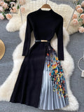 Gwmlk Women Elegant French Dress Design Splice Gradient Pleated A-line Knitted Dresses Autumn Fashion Streetwear Midi Dress